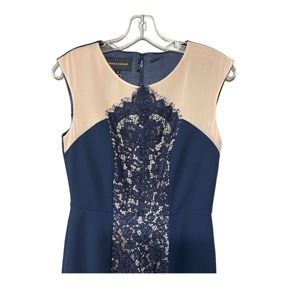 Donna Morgan Floral Lace Sheath Dress Navy Tan Color Block Midi Wedding Guest - Picture 7 of 10